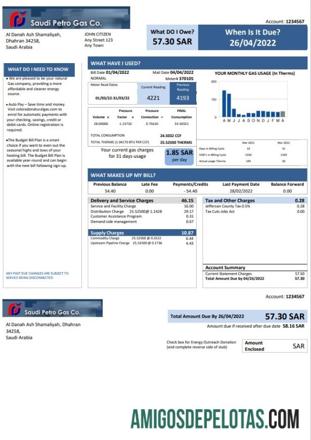 para download Arábia Saudita Saudi Petro Gas Utility Bill, Word e modelo PDF